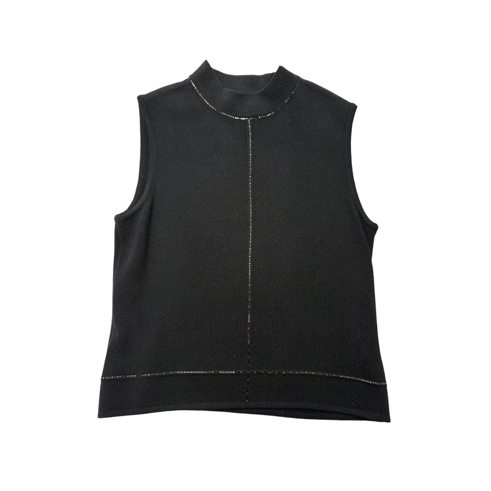 St. John Sport Marie Gray Black Knit Sleeveless Mock Neck Beaded Top Medium